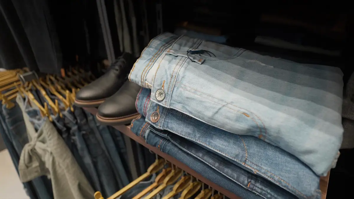 Pilhas de calças jeans dobradas ao lado de cabides